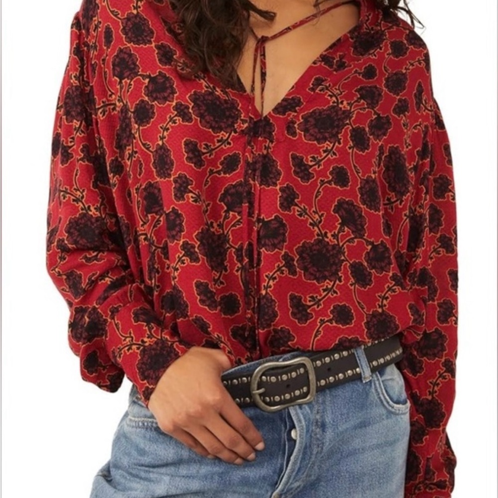 Free People Red Floral Boho Tunic Blouse - Picture 9 of 11
